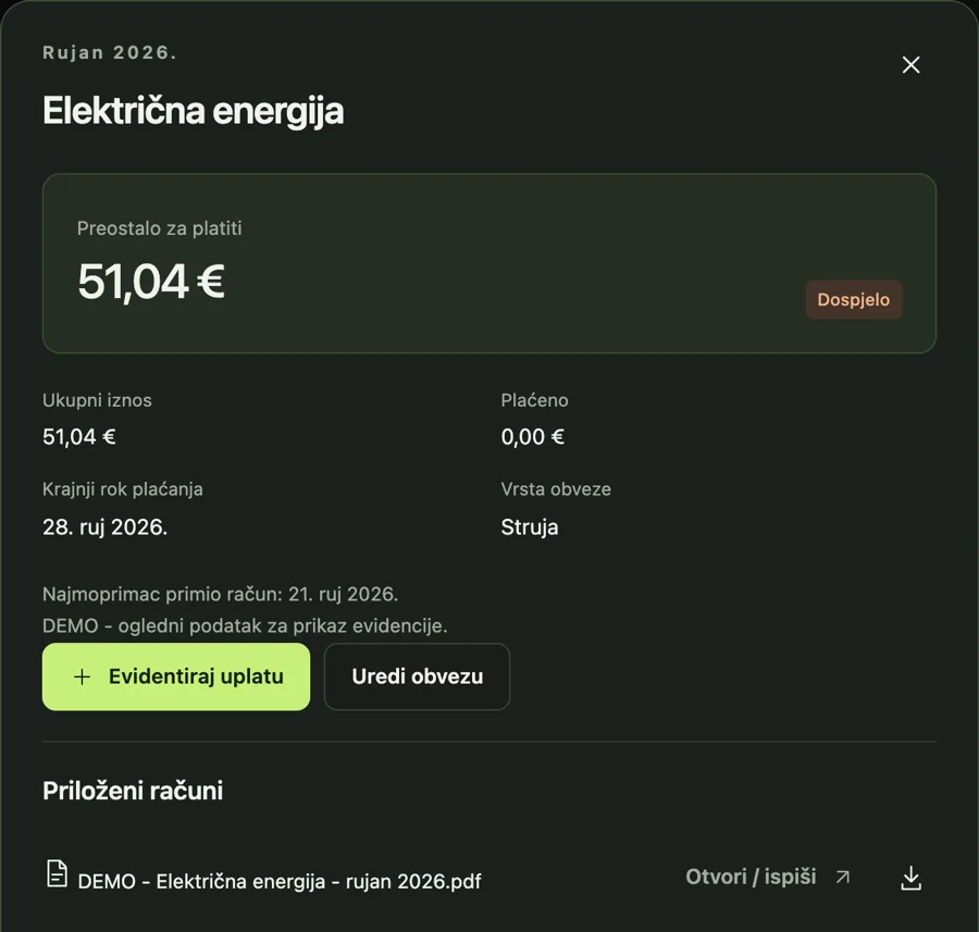 Detalj obveze Električna energija: 51,04 €, rok 28. rujna, priložen PDF račun.